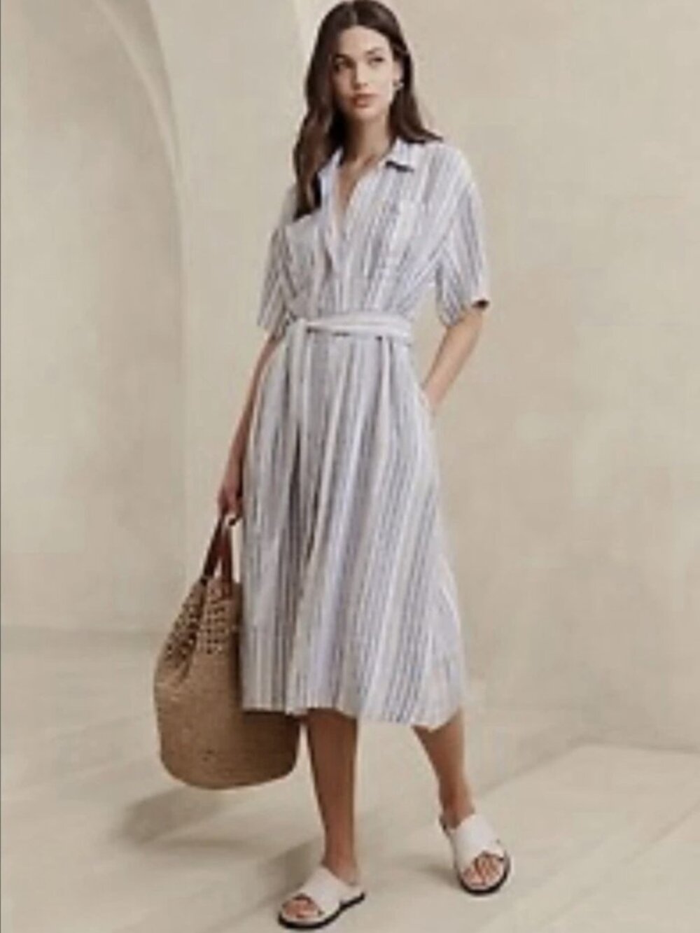 NWT Banana Republic Linen-Blend Stripe Midi Shirtdress Small